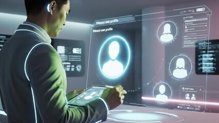 Futuristic Technology Interface - Man Interacting with Digital Display and Data. - Powered by Adobe