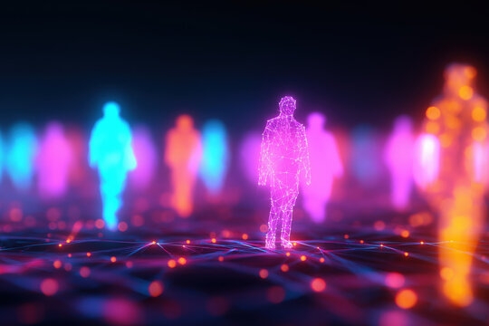Abstract Visualization of Digital Wireframe People Glowing in Neon Colors Walking on a Futuristic Data Network Grid.