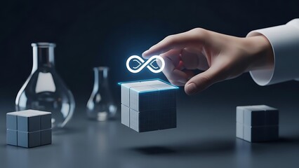 A scientist's hand interacts with a glowing infinity symbol over a floating cube, representing limitless possibilities in research and technological development
