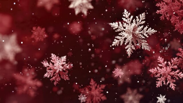 Pink and white snowflakes falling against a blurred red background - Powered by Adobe