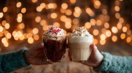 Two festive drinks topped with whipped cream and sprinkles, held up against a backdrop of glowing lights, symbolizing joy and celebration during a cozy occasion.