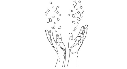 Outlined hands reaching upwards with falling abstract shapes in a minimalist design style art