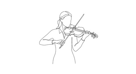 A continuous line drawing of a woman playing the violin with elegance and sophistication on white background
