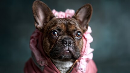 Fototapeta premium A charming French Bulldog adorned with a cute pink outfit poses against a softly lit backdrop, showcasing the playful and fashionable side of pet owners’ love for their companions.
