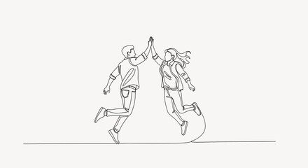 Fototapeta premium Continuous line drawing of a man and woman jumping and giving a high five in monochrome art