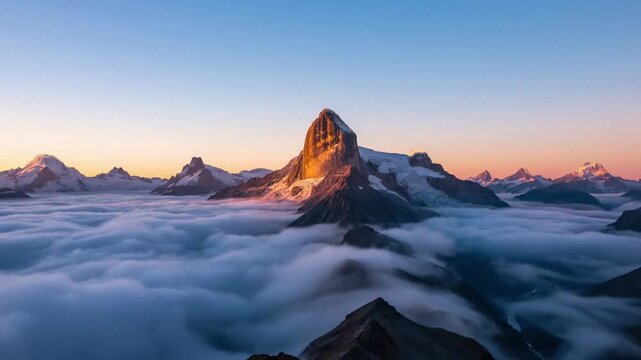 Witness the breathtaking natural phenomenon of a solitary mountain peak piercing through a vast ocean of swirling clouds during golden hour. Elevated perspective showcasing the sublime isolation?