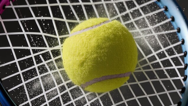 Close-up of a tennis ball compressing against racket strings, dust flying on impact, showcasing tension, speed and technique in racket sports and modern tennis action