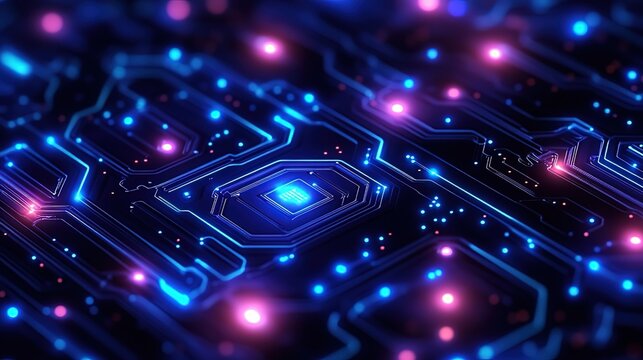 Close - up of Illuminated Circuit Board with Chip and Neon Lights for Tech Design