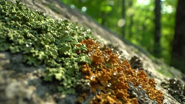 A high definition macro shot revealing the intricate, fractal like patterns and subtle color shifts of various lichen species thriving on an ancient, weather beaten rock surface.