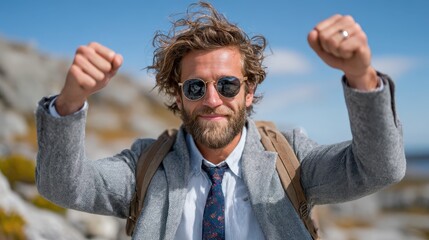 A joyful traveler poses triumphantly in a stunning outdoor landscape, celebrating achievement and adventure, embodying the spirit of exploration amidst beautiful scenery.
