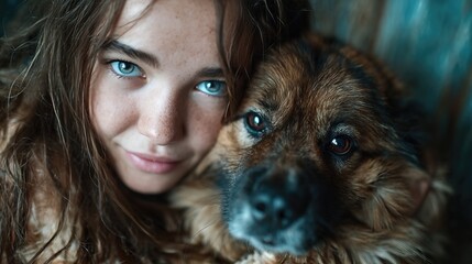 A close-up portrait captures a young girl smiling warmly while embracing her loyal dog, showcasing their bond of friendship and affection in a cozy, intimate setting.