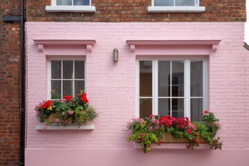 In a delightful neighborhood basking in the warm glow of sunny weather, stands a vibrant bright pink building adorned with lovely window boxes overflowing with colorful flowers