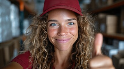 This energetic image showcases a happy young woman in a red cap smiling and giving a thumbs up, radiating positivity and confidence within a busy warehouse environment.