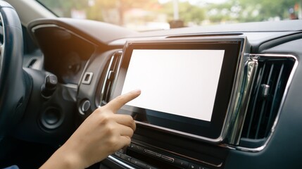 Driver using blank touchscreen display inside a modern luxury car interior, showing navigation, digital control, advanced multimedia system with a clean white screen for technology usability concepts