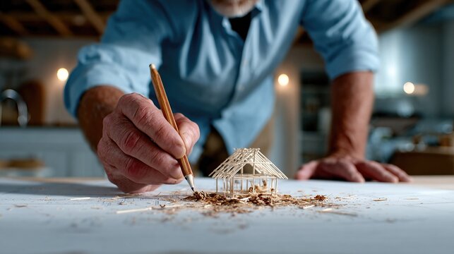 A skilled craftsman meticulously sketches a miniature house, highlighting the artistry and precision involved in craftsmanship and the creative process behind model building.