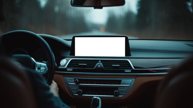 Driver using blank touchscreen display inside a modern luxury car interior, showing navigation, digital control, advanced multimedia system with a clean white screen for technology usability concepts - Powered by Adobe
