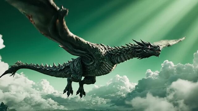 Epic dragon soars through mystical skies, breathing fire in a fantasy adventure with majestic wings and a thrilling, cinematic experience.