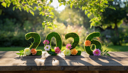 Fototapeta premium Moss Numbers 2026 Decorated with Flowers on Wooden Table