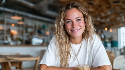 A happy young woman with wavy hair is enjoying iced coffee while smiling at the camera inside a stylish café, embodying the joy of modern social life.