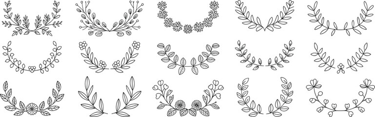 Botanical wreath icons, floral leaf branches, decorative nature frames, vector design, elegant elements, wedding graphics, pastel style, minimal layout, art motif