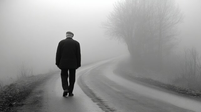 Lonely man walking in dense fog on a quiet path, losing his way in low visibility, expressing isolation, uncertainty, and the emotional concept of being lost in a misty and unclear environment