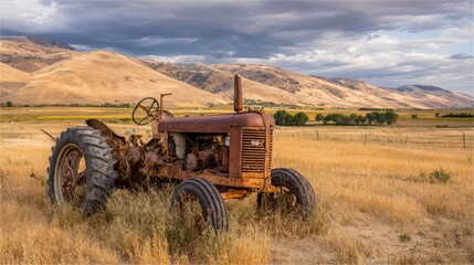 Old abandoned tractor on rural farmland under dark storm clouds, showing rustic machinery, weathered metal, agricultural decay, dramatic sky, and the concept of aging farm equipment
