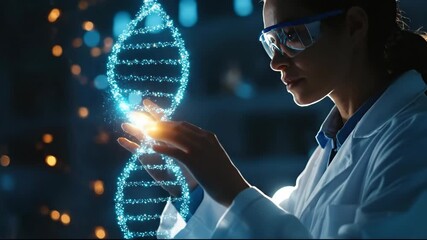 Female scientist examines a digital DNA model, wearing safety glasses and a lab coat. - Powered by Adobe
