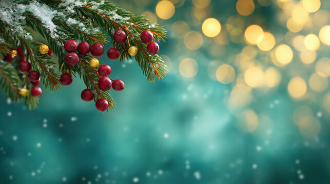 Snowy fir branch decorated with red berries against a magical turquoise background with golden holiday bokeh lights.