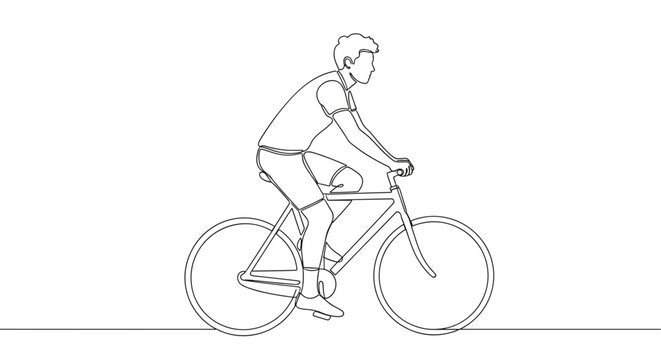 Continuous line drawing of a man riding a bicycle with minimalist design and white background style art