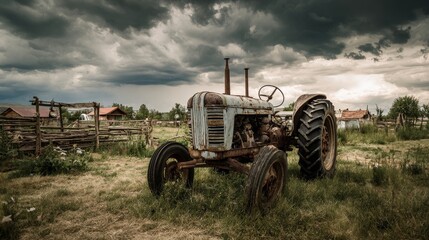 Obraz premium Old abandoned tractor on rural farmland under dark storm clouds, showing rustic machinery, weathered metal, agricultural decay, dramatic sky, and the concept of aging farm equipment