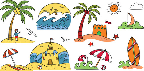 Hand-drawn doodle beach and surf icon vector set with tropical elements like palm trees, waves, surfboards, and sun. Perfect for summer designs, t-shirts, posters, and coastal branding.