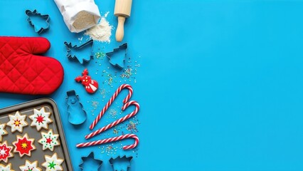 Festive christmas baking background with cookie cutters and candy canes on blue surface