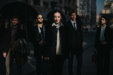 A stylish urban portrait featuring a focused woman at the center flanked by suited colleagues. The...