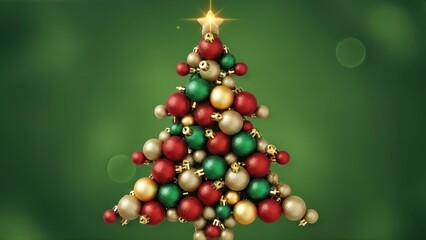Festive christmas tree composed of vibrant baubles and golden bells on green background