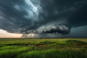 Fototapeta premium A large supercell thunderstorm over the great plains, with a large wall cloud and dramatic clouds with rain falling, over a green, grassy landscape.
