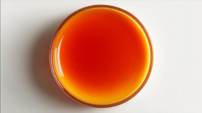 Overhead view of a mini caramel pudding with creamy texture and fresh appearance, topped with shiny caramel syrup over the orange-tinted surface, highlighting sweet dessert and tempting treat