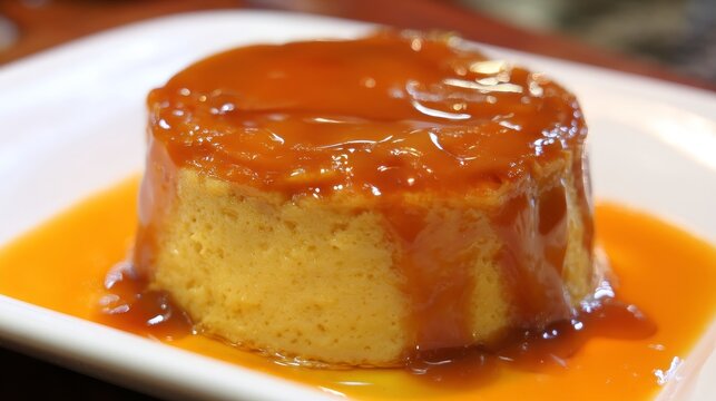 Overhead view of a mini caramel pudding with creamy texture and fresh appearance, topped with shiny caramel syrup over the orange-tinted surface, highlighting sweet dessert and tempting treat