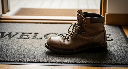 Single worn brown leather hiking boot with laces resting on a gray welcome mat at a doorway leather boot