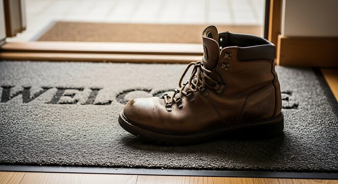 Single worn brown leather hiking boot with laces resting on a gray welcome mat at a doorway leather boot