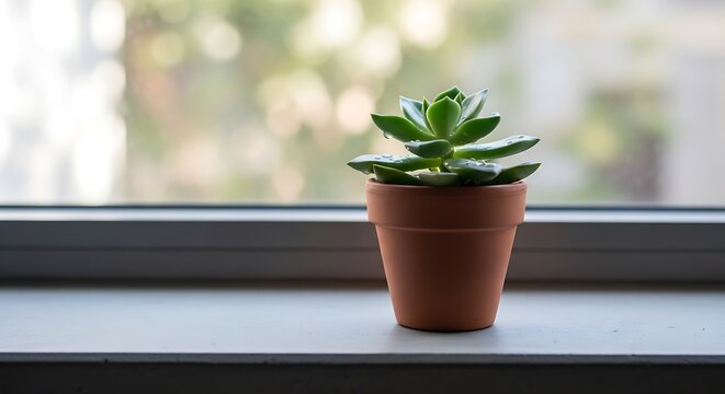 Small green succulent plant with water droplets in a terracotta pot on a windowsill with blurred outdoor background - Powered by Adobe