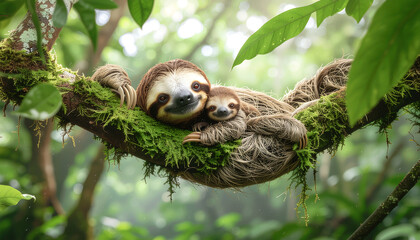 Obraz premium Sloth Mother and Baby Resting on Mossy Branch