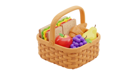 Wicker picnic basket filled with sandwiches, fruit, and bread, isolated on white background