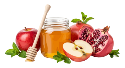 Fresh apples, pomegranates, and honey with mint leaves, healthy food concept