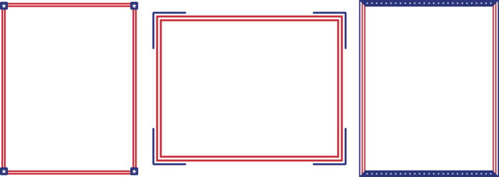 American Flag Theme Rectangular Frame Borders Set - Red White and Blue Patriotic Document or Invitation Vector