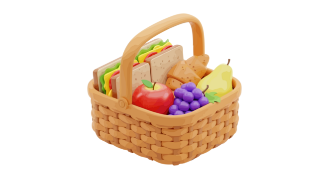 Wicker picnic basket filled with sandwiches, fruit, and bread, isolated on white background