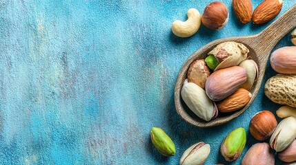 Light-blue backdrop mixed nuts aerial with wooden spoon, perfect for nutrition guides & healthy recipe blogs