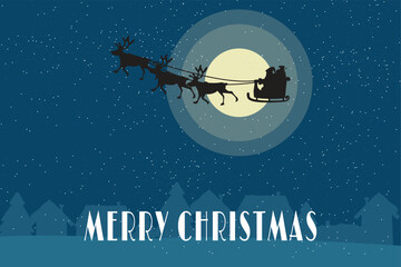 Christmas night scene, Santa and reindeer silhouette, moon, snowy village, Merry Christmas, vector festive holiday art.
