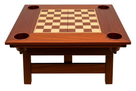 Square wooden game table with chessboard on a transparent background