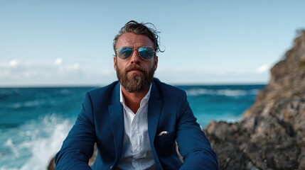 A sophisticated portrait of a man in a suit and sunglasses, set against a stunning ocean backdrop, exuding calmness, confidence, and an air of elegance outdoors.