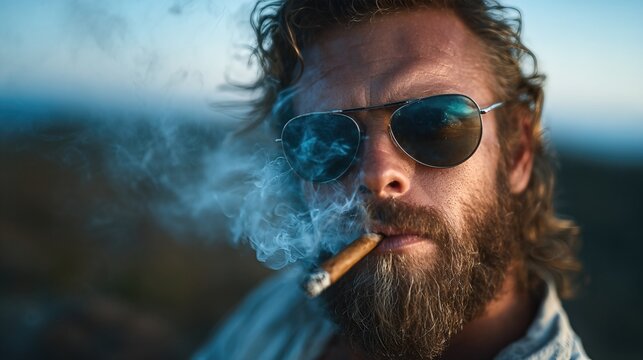 A rugged man sporting sunglasses and a cigar exudes confidence while enjoying a serene sunset backdrop, embodying a blend of leisure and rebellious spirit.